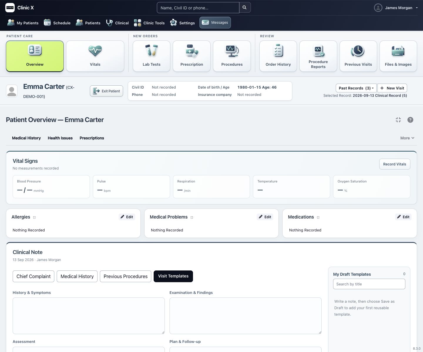 Clinic X patient overview using a fictional patient record